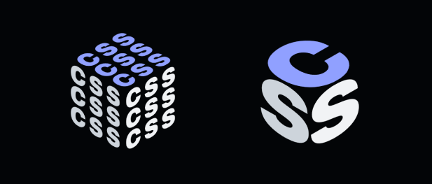 Two logos, they're 3 sides of a box. One logo, each side is a letter, with C as the top face. The other repeats CSS 3 times per side.