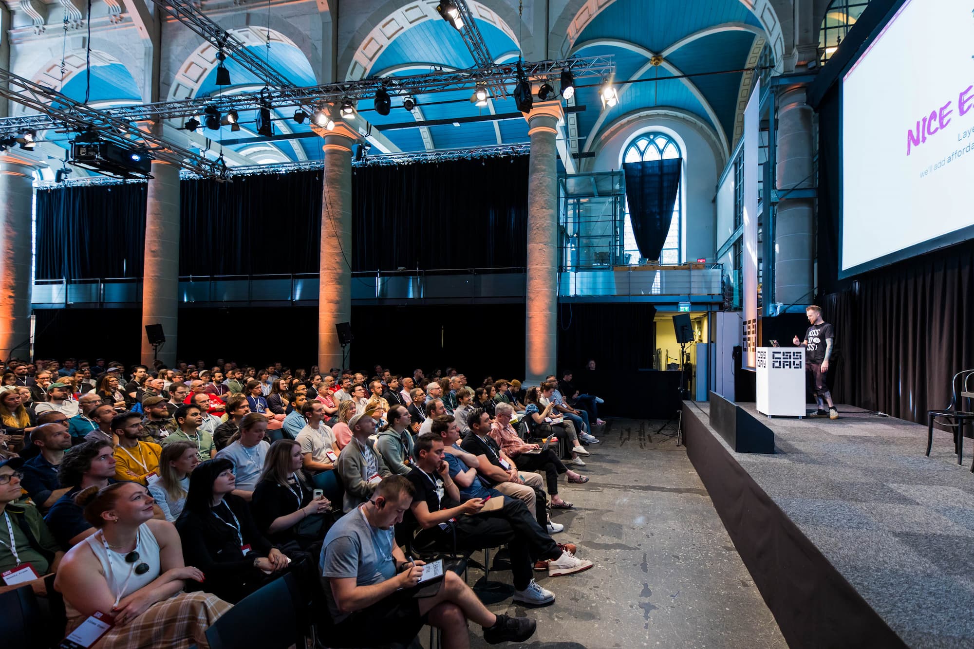 Photo of the stage from the side of the stage towards the crowd