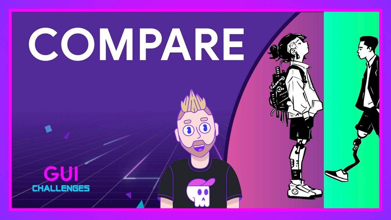 GUI Challenges character next to a preview of the comparison component showing 2 images