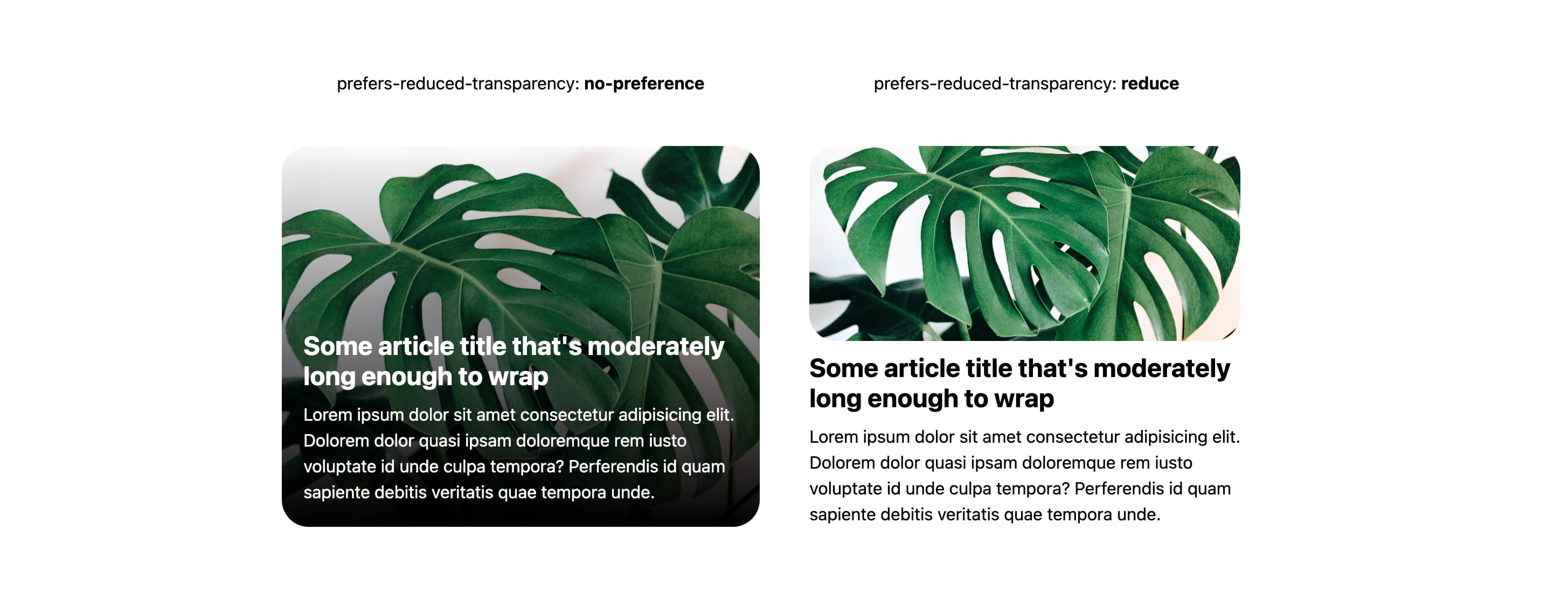 An image with a caption is showed in two styles, one with a semi-transparent overlay of the caption and one with the caption underneath the image with no transparency used at all.