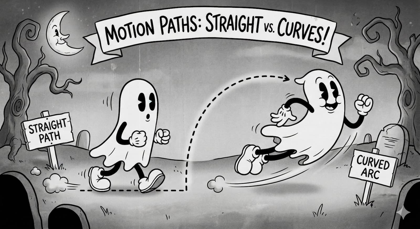 Two ghosts, one flying in a straight line and one on a curve